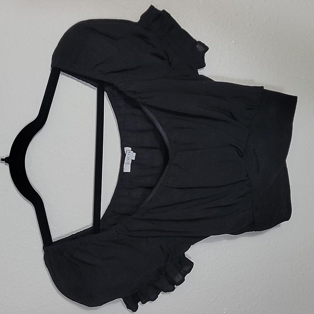 Y2K Love Tree Cropped Puff Sleeve Top Blouse Size L Black Back Tie Whimsigoth